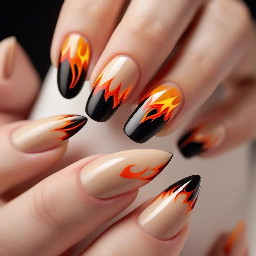 almond shaped acrylic nails with a nude base and black french tip flames with the letter k on the middle finger