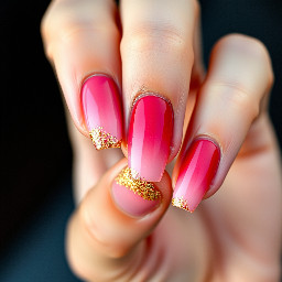 very ight pink base gradient to deep red, with golden flakes on the tips
