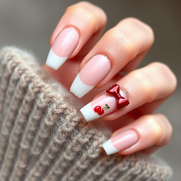 Can you generate a a photorealistic photo of a hand with medium-length almond nails? Neutral nail color, light pink French tips on every nail, and lots of cherry details on the ring finger. No 3D stuff, please. And not too over the top, but sophisticated. Maybe a cute red bow on the ring finger too?