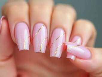 can you create an AI image of some baby pink shimmer nails with abstract gold details on them please