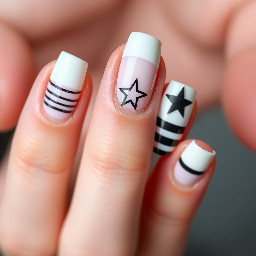 Pinky finger with atrips horizontal, ring finger with french tip with a mini star, middle finger with a big star, pointer finger with french tip and thumb woth strips horizontal
