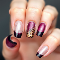 Clear square nails, dark purple french tip, gold glitter on the dark purple French tip
