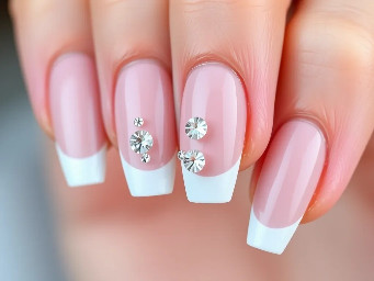sharp almond medium length simple fall nails with french tip and clear rhinestones