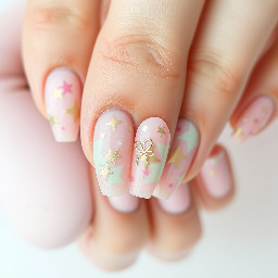 Macro photography of a beautiful manicure on a hand model. Long almond nails. The design features a dreamy pastel pink and sage green color palette. The base has a subtle pink micro-dot pattern. The art consists of soft, blurry airbrushed stars in sage and pink, layered with delicate, ultra-fine metallic gold outlined stars. The center of each hand features a dainty, thin-lined white outlined bow. Ultra-glossy gel finish, clean aesthetic, soft studio lighting.