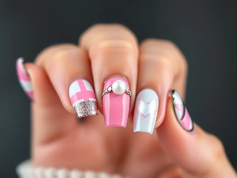 Short square Victoria’s Secret two tone pink stripe French, glitter stripe underneath French, pearl and pink gem bangle nail, chrome