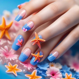 Summer nails starfish flowers blooming gel blue/oeange/pink