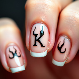 nude base with black french tip flames with letter k on middle finger