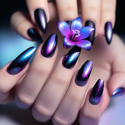 Stiletto black nails with purple iridescent flower , pink iridescent flower, blue iridescent flower