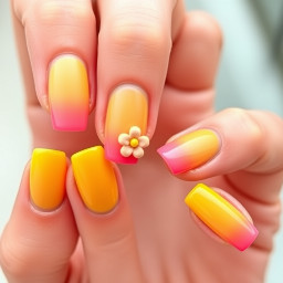 The Main 8 Nails: A flawless, seamless color gradient. It starts at the base of your cuticle as a bright, creamy, sun-drenched lemonade yellow. As it reaches the middle of the nail, it softly blends into a juicy, vibrant strawberry pink that covers the entire tip. The finish is ultra-slick and glass-like, catching the light whenever you move your hands.The 2 Ring Fingers: These nails completely skip the ombré blend. Instead, they are painted a smooth, rich, solid coat of that same lemon yellow.The 2 Built-In Charms: Sitting perfectly in the center of your solid yellow ring fingers is a tiny, raised 3D flower charm. The flower is a soft, delicate pink that matches the pink tips of your other fingers, pulling the whole set together. It has a slight matte texture compared to the ultra-glossy nail base, making it pop out beautifully like a little piece of summer jewelry