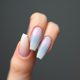 Long almond, blue to neutral ombre with silver circle around mid-edge of the nail