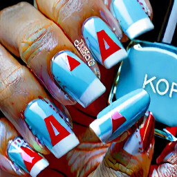 baby blue french tips nails with white M on one ring finger and G on the other with red kisses around the initials