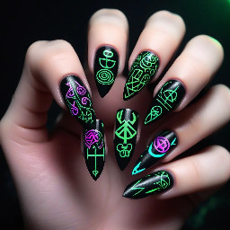 black stiletto nails covered in layered neon sigils, bright green and pink symbols, chaotic occult patterns, glowing runes, high detail, intense contrast, dark background, edgy witchcore aesthetic
