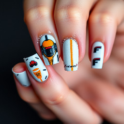 f1 theme nails with hints towards lando norris and mclaren team. include drawings of f1 car, norris's helmet, mclaren logo and lando norris logo.