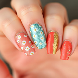 Thumb: Plain, solid no. design teal shimmer Pointer Finger: A soft, licoral base completely covered in tiny gold and teal hearts.Middle Finger: A lighter shimmery teal base decorated strictly with clean white daisies—no leaves or greenery.Ring Finger: A solid, full coat of smooth, metallic soft gold.Pinky Finger: A soft, coral base detailed with crisp vertical stripes and a couple of tiny scattered hearts .ring finger is a soft gold, pointer finger coral with. teal and gold .tiny hearts pinky is coral stripes bu als has s couple tiny heartsin gold an teal.