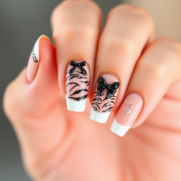 Ballerina shape nails with a nude base, white French tip, black tiger print, black bows, and small diamonds