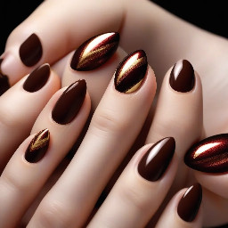 sharper almond shape with like a dark brown red color with a simple design that's easy for beginners maybe some 3d gel art with gold chrome