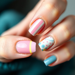 Easter pastel pink yellow blue stripes, polka dots, French tips