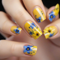 yellow nails with blue flowers on short nails. no french tip or nude base coat. easy flowers