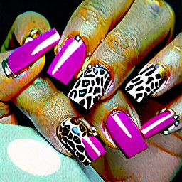 on the left hand medium size, 90's type of square french magenta nails with white leopard and zebra print. On the right hand the same design but oval shape and short. Possibly also rhinestones on the ring finger.