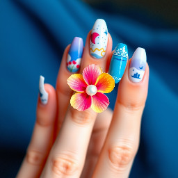 medium-long almond nails, 1-2 nails have a bright colored 3d hibiscus flower with pearl in the middle, other nails are ocean/cruise themed, all bright colors and all different designs