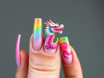 Long Stiletto Nail with design of the pastel rainbow Chinese dragon with rainbow spikes on top of the dragon