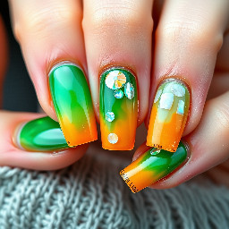 Green and orange glassblocks with mother ofearl design nails