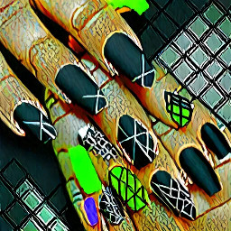 Shape & Length: Long Stiletto or Medium Coffin.Color Palette: Matte Charcoal Black, Neon Cyber Green, and Liquid Chrome Silver.Design Elements:Features a ultra-matte black base coat.Accented with sharp, laser-etched geometric grid lines in reflective chrome.Select accent nails showcase a vivid, neon green "glitch" or circuit-board matrix graphic instead of a smooth blend or French tip.