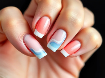 Coral, pastel blue/ colors, french tips, waves