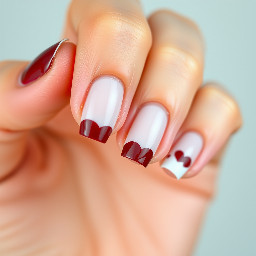 White French tip with hearts on index finger and all other naols burgundy red