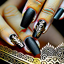 Coffin shaped Matte black nails with gold and silver designs