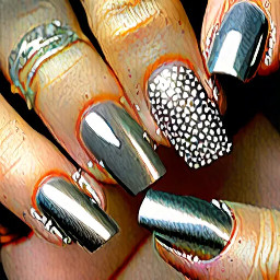 Hi! I want a customized, high-end "cool-toned gray and metallic silver" nail art set with a mix-and-match layout. Please follow these specific instructions:  1. Base Color & Texture:  Please use a sheer, translucent taupe gray / jelly gray for the base. I want it to be see-through and airy (please mix it with clear gel base if needed). No solid, opaque grays.  2. Cat-Eye Technique (Thumbs & Middle Fingers):  Apply a bright silver crystal/velvet cat-eye gel over the sheer gray base.  Use the magnet to pull the shimmer into a sharp, clean diagonal velvet line across the nail. I want it to look like a crisp beam of light.  3. Liquid Metal & Hidden Logo (Index Fingers):  Keep the base clear or very sheer. Use a 3D building gel to draw raised, organic, melting liquid-metal lines, then rub silver chrome powder over them so they look like melted mercury.  Crucial Detail: Please make the metal lines on one finger subtly form a very abstract, deconstructed BTS door logo (two parallel geometric lines). It should look like random modern art, not an obvious logo.  4. Silk Marble & Hidden Code (Ring Fingers):  Do a very soft, blurry smudge/smoky marble effect blending milky white and sheer gray to look like floating silk or mist.  Crucial Detail: Inside the marble veins, use a micro-detail liner brush with metallic silver paint to hide a tiny, abstract number "7". Make it look like part of the marble pattern so it is hidden.  5. Finish (Pinkies & Top Coat):  On the pinkies, just do the sheer gray base with a super thin, micro-French tip using silver chrome.  Please finish all nails with a high-gloss, ultra-shiny top coat to make the silver elements and cat-eye pop.