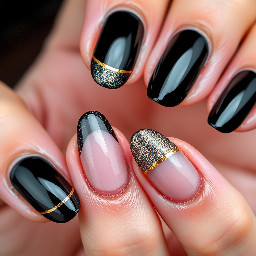 Nail set with slightly sparkly black French tips and a line of chrome gold in between the black tip and basic nail on every finger with a medium almond shaped nail.