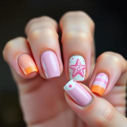 thumb light orange pointer finger light pink middle finger white french tip with pink and light pink starfish with dots ring finger light pink stripes pinky finger light orange