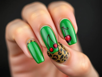 Green nails with leopard print accents and cherries