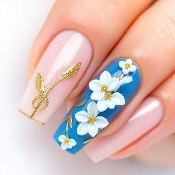 Blue and gold simple nails with 3d white flowers