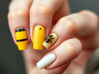 make me a nail set with black and yellow stripes on the pinky and pointer finger,  dasies on the middle finger and the ring finger, and on the thumb but a tiny bee