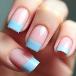 pink nude base with baby blue french tips almond nails