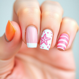 thumb light orange pointer finger light pink middle finger white french tip with pink and light pink starfish with dots ring finger light pink stripes pinky finger light orange