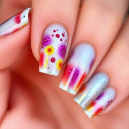 Manicure with French tips, polka dots, blooming, and chrome that is colorful for summer