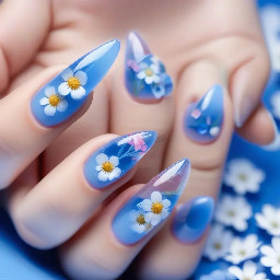 Cute blue blooming gel nails with blooming gel flowers