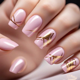 can you create an AI image of some baby pink shimmer nails with abstract gold details on them please