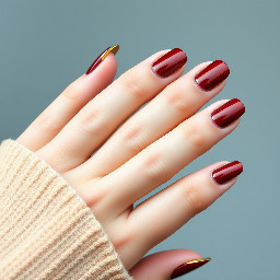 sharper shape with like a dark brown red color with a simple design that's easy for beginners some 3d builder gel art with gold chrome maybe a cute new gen bow
