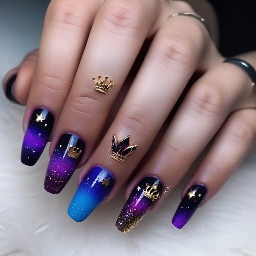 THUMB (Galaxy Crown)    🌌 Purple/Blue/Black blend    👑 Gold crown + rhinestones  INDEX (Blue Flame)    🔵 Electric blue chrome    🔥 Neon flame tips  MIDDLE (Magic Smoke)    🟣 Deep purple base    💨 Pink/purple smoke swirls + foil  RING (Edgy Panels)    ⚫ Black base    🔺 Red + purple color blocking    ✨ Gold striping + 🍎 detail  PINKY (Glitter Fade)    ⚫→🟣 Black to purple glitter ombré    ✨ Tiny sparkles/stars