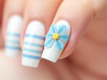 Pastel blue stripes white base then on middle finger light blue flower with light yellow middle make it all pastel please