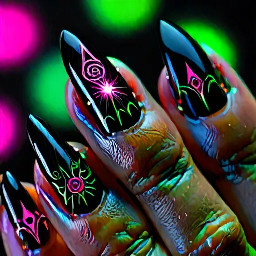 black matte stiletto nails with glowing neon pink and green sigils, occult symbols, crescent moons, summoning circle design, high contrast, dark background, futuristic witch aesthetic, ultra detailed, glossy glow effects