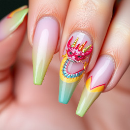 Long Stiletto Nail with design of the pastel rainbow Chinese dragon with rainbow spikes on top of the dragon