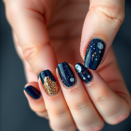 Short almond nails with the colors navy blue, gold, and white. French tip design, glitter on one of the fingers, constellations, stars, and moons.