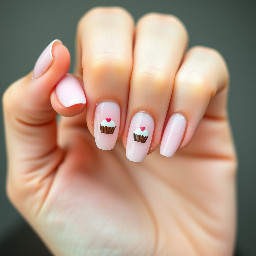 A crisp, detailed close-up photo of a teenager's hand showing off a fresh manicure. The nails are short, almond-shaped with a sheer milky pink base. Must incorporate 14 and cupcakes. Birthday nails.