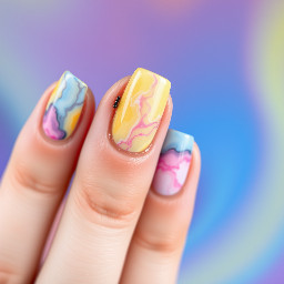 Yellow, blue and pink smokey marble nail design