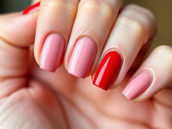 Fusxia pointer finger nail pinky nail and thumb nail. Light pink middle finger nail and ring finger nail. Red sideways tip on middle finger nail and finger finger nail